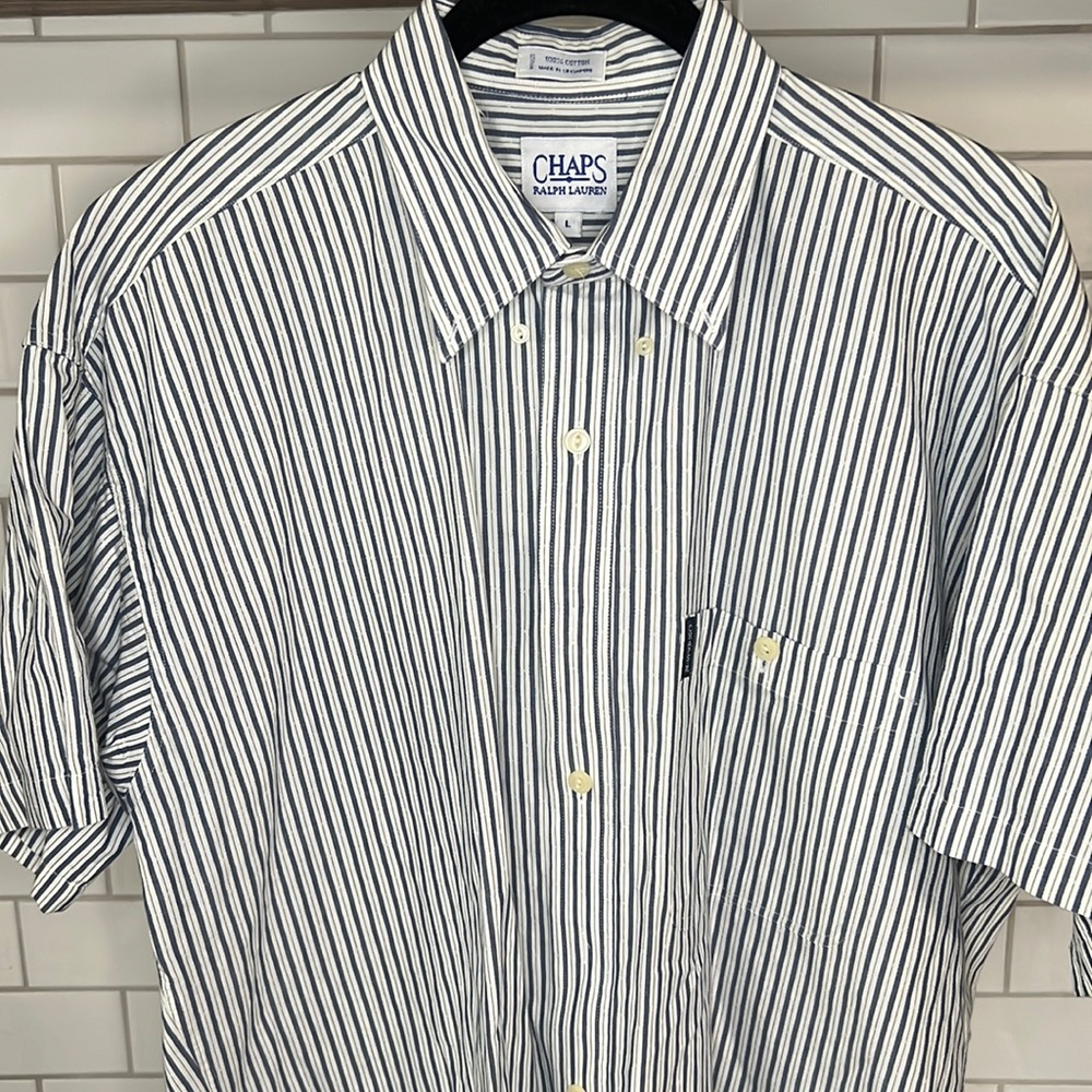 Chaps Ralph Lauren Mens Large Blue and Green Striped Short Sleeve Button Down